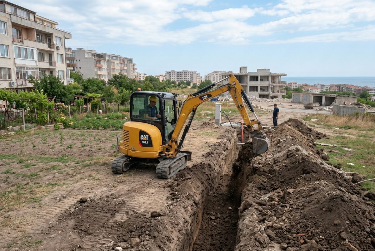 Мини багер прави изкоп в двор
